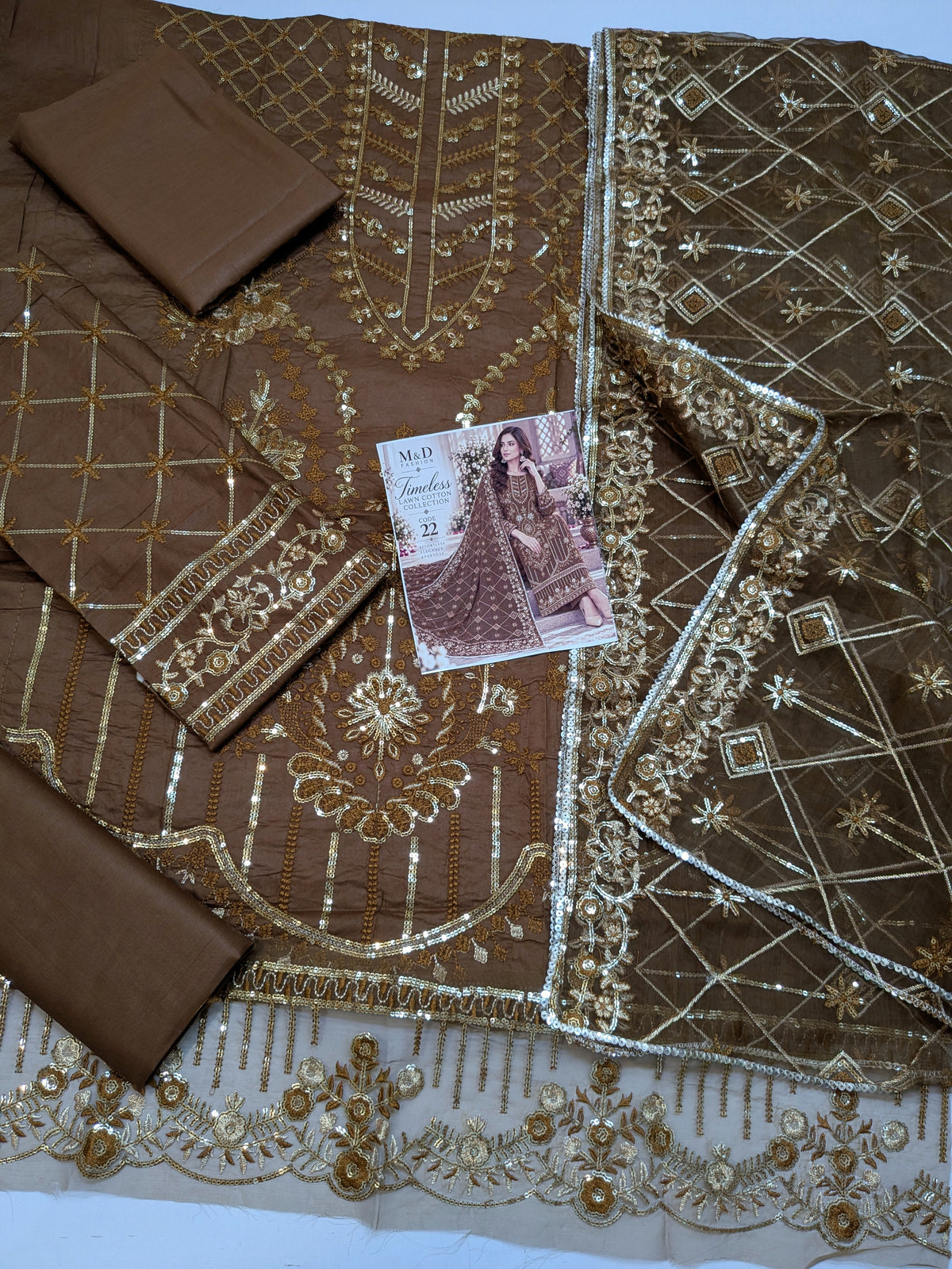 TIMELESS 21 BROWN LAWN COTTON WITH ORGANZA DUPPATA