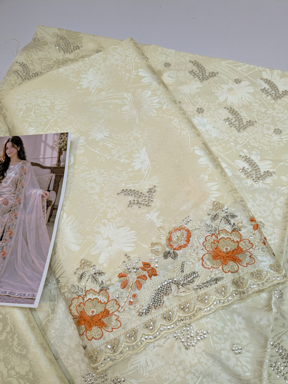 ZARQÉ Ivory Damask Silk Suit with Pure Chiffon Dupatta