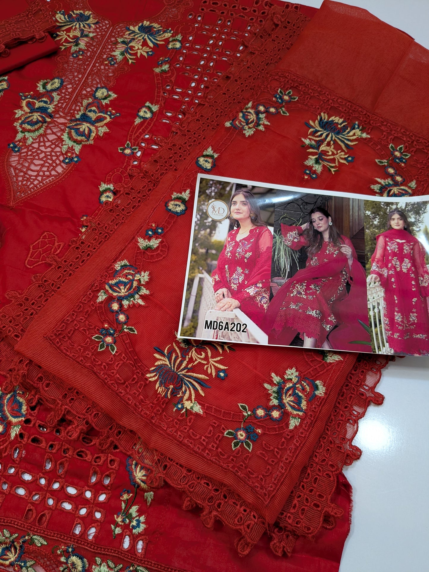 ANEELA RED CHIKENKARI EMBROIDERED