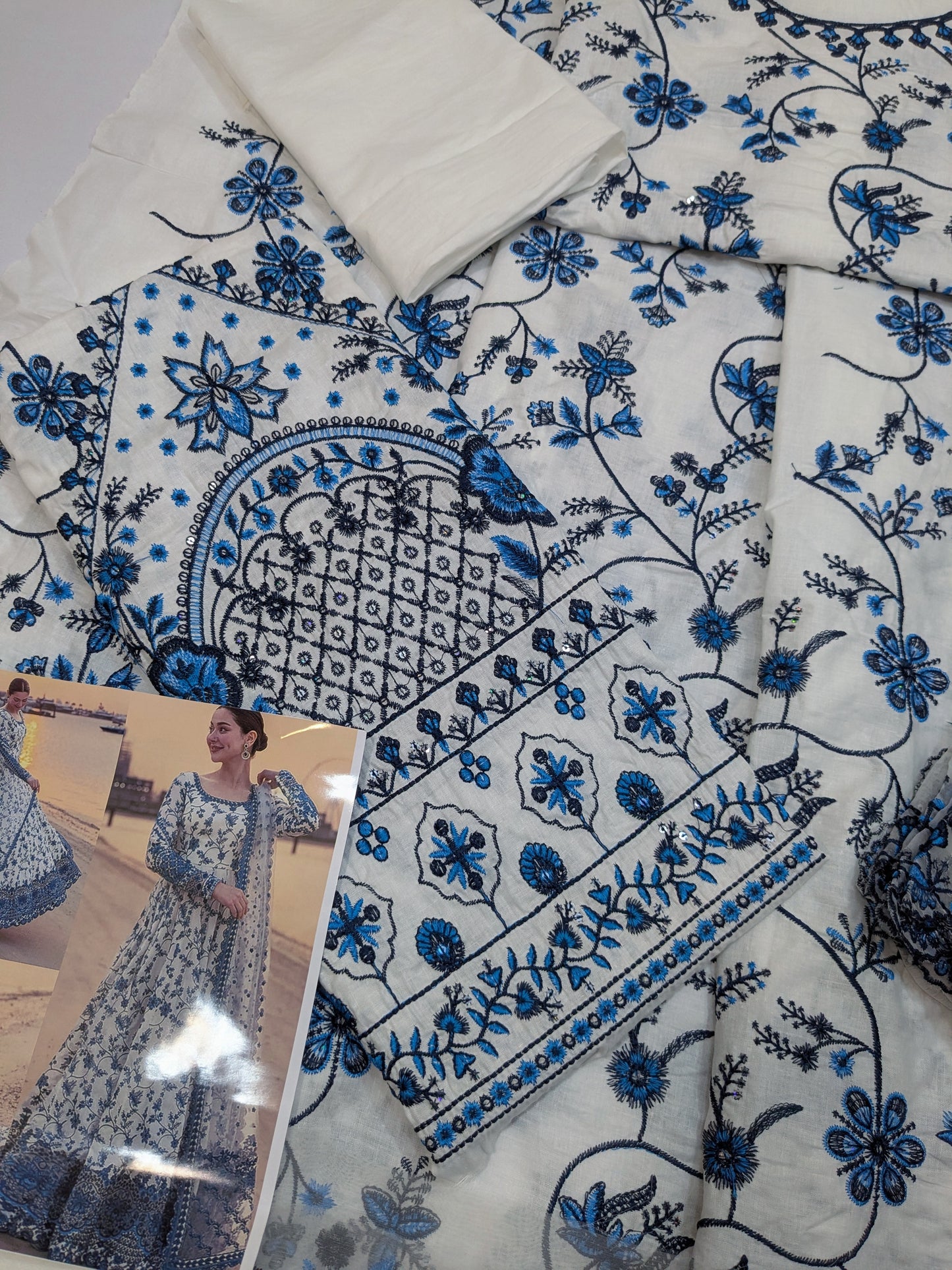 FAIZA SAQLAIN JEHONA KALIDAR BLUE WHITE HEAVY EMBROIDERED