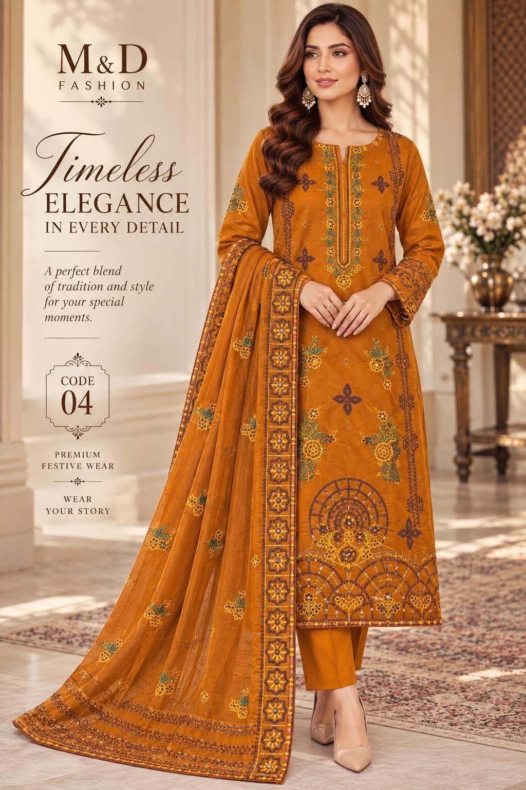MAHIRA 04 MARIGOLD LAWN COTTON DRESS WITH CHIFFON DUPPATA