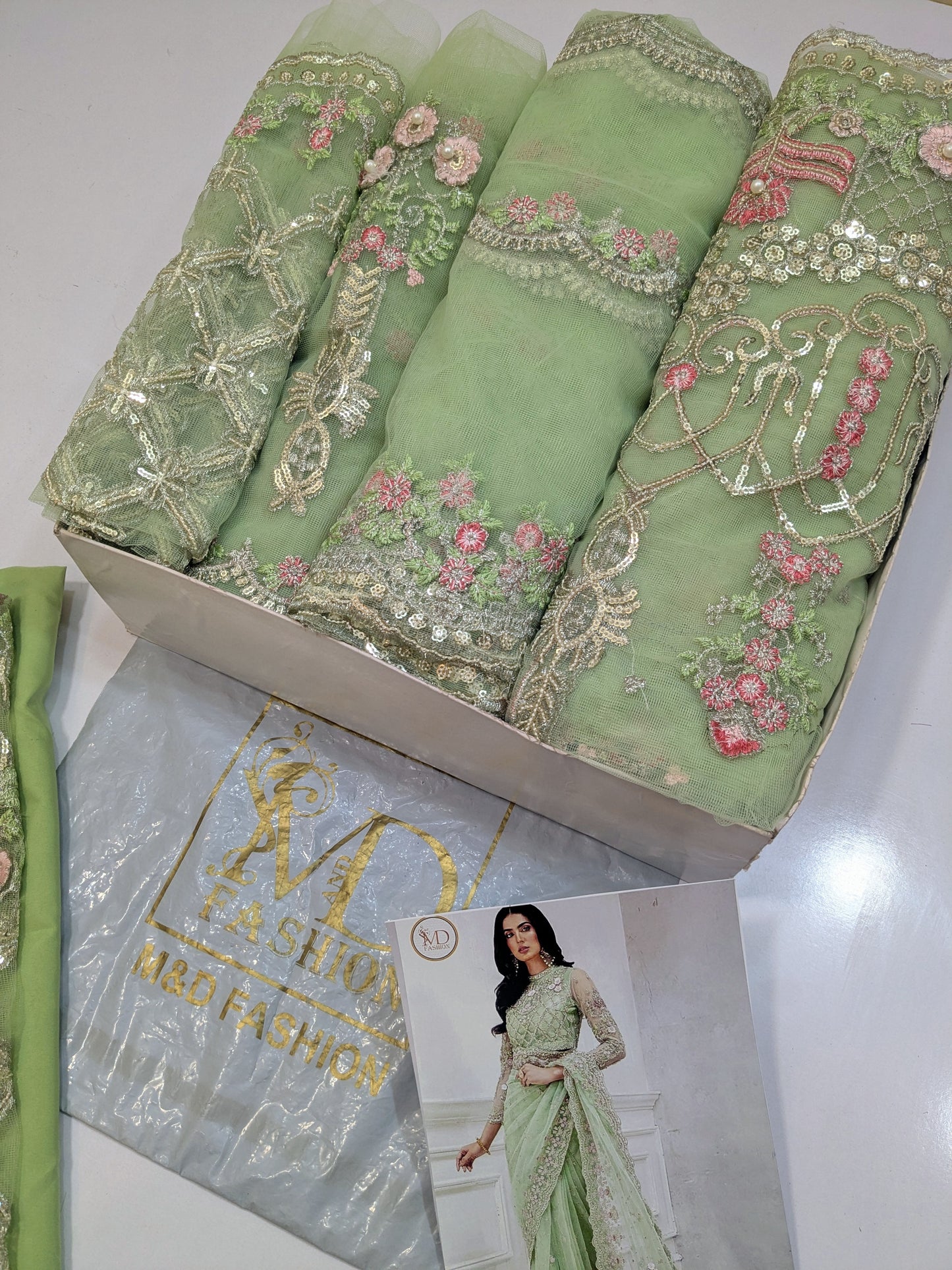 MARIA B PISTACHIO NET EMBROIDERED SAREE