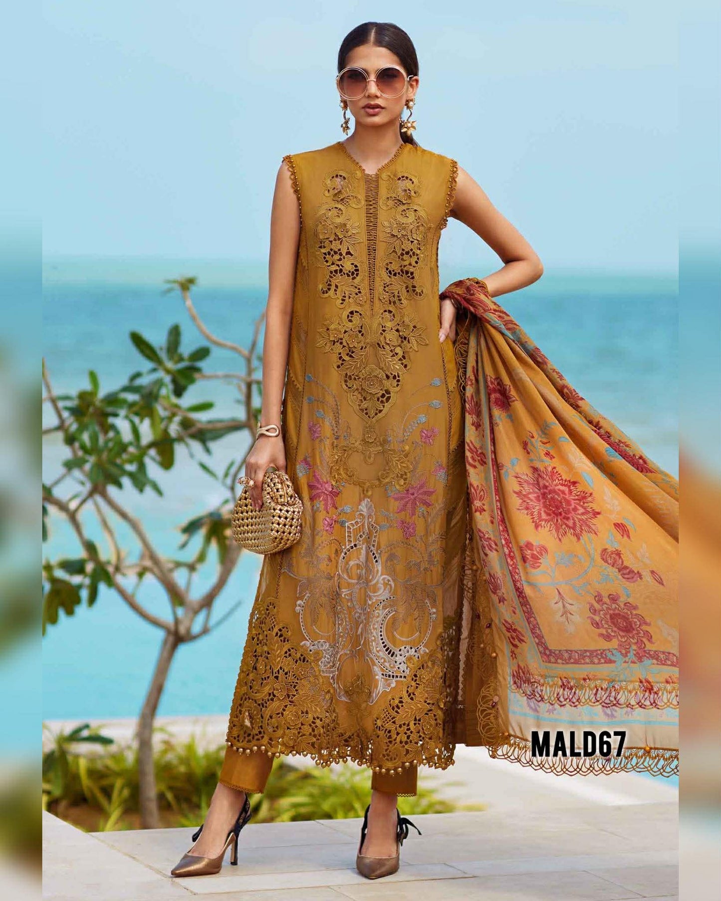 MARIA B MUSTARD BROWN LAWN EMBROIDERED