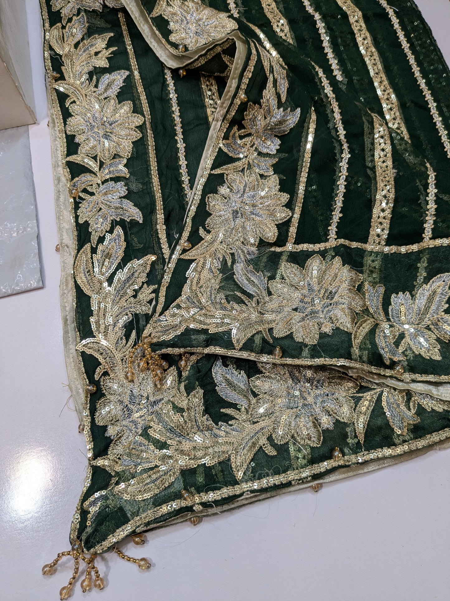 SANA SAFINAZ GREEN PREMIUM RAW SILK HAND EMBELLISHED 3 PIECE