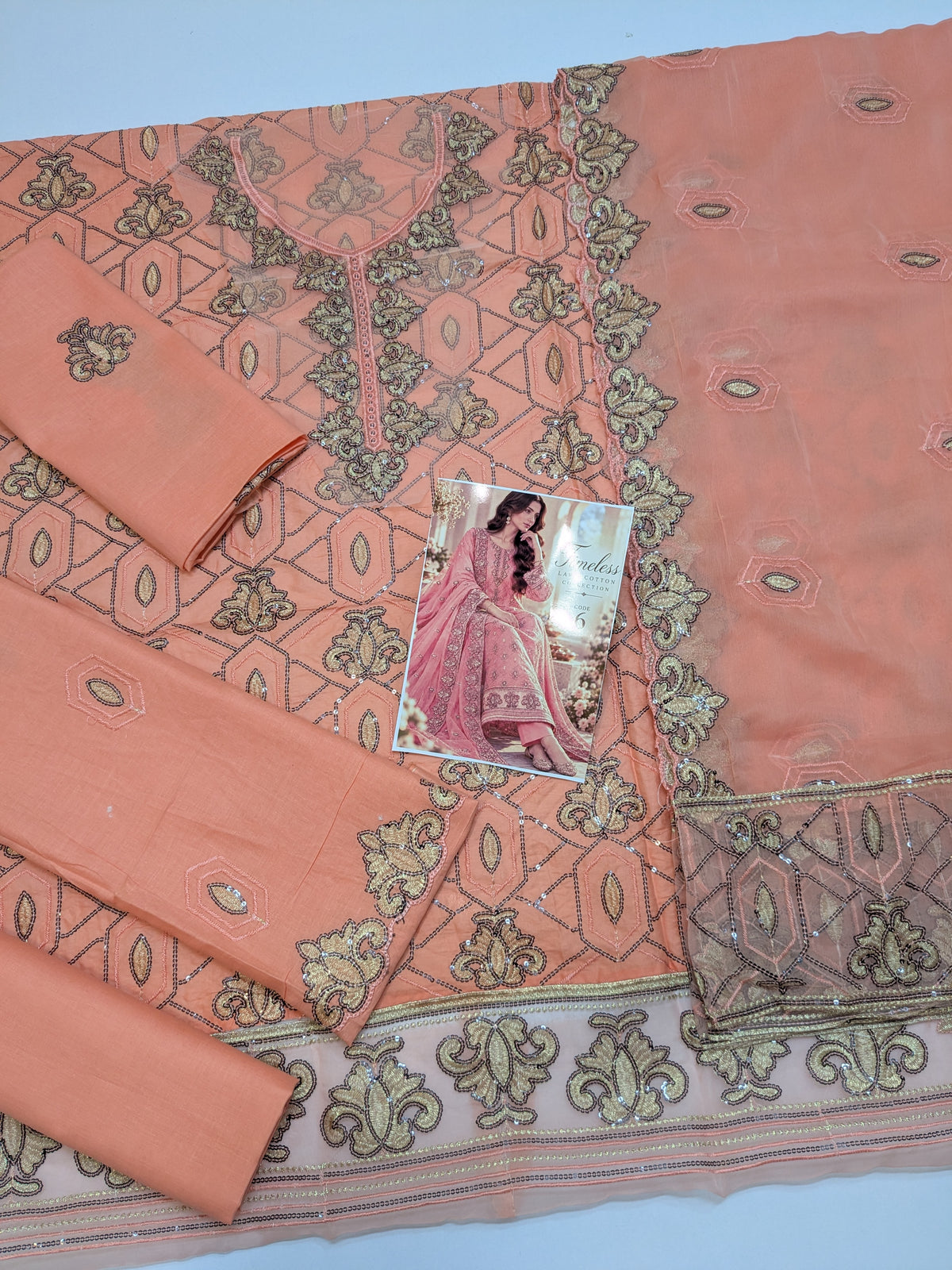 MAHIRA 06 CORAL PEACH LAWN COTTON DRESS WITH CHIFFON DUPPATA