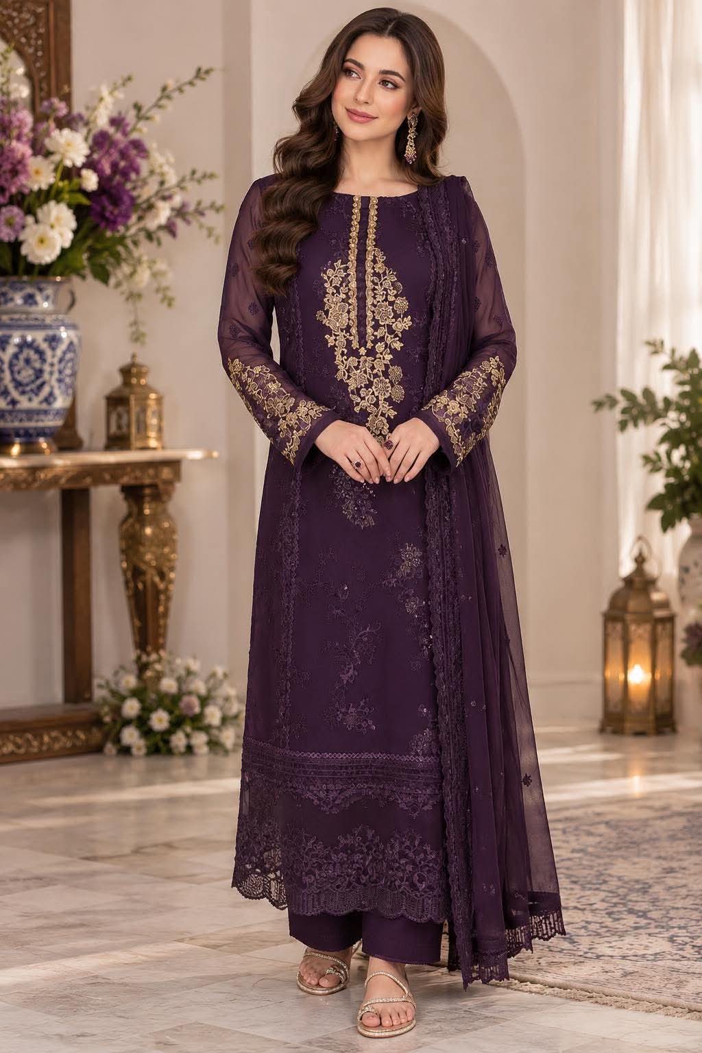 AZURE INSPIRED PURPLE CHIFFON EMBROIDERED