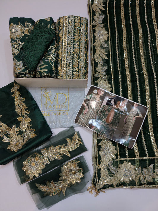 SANA SAFINAZ GREEN PREMIUM RAW SILK HAND EMBELLISHED 3 PIECE