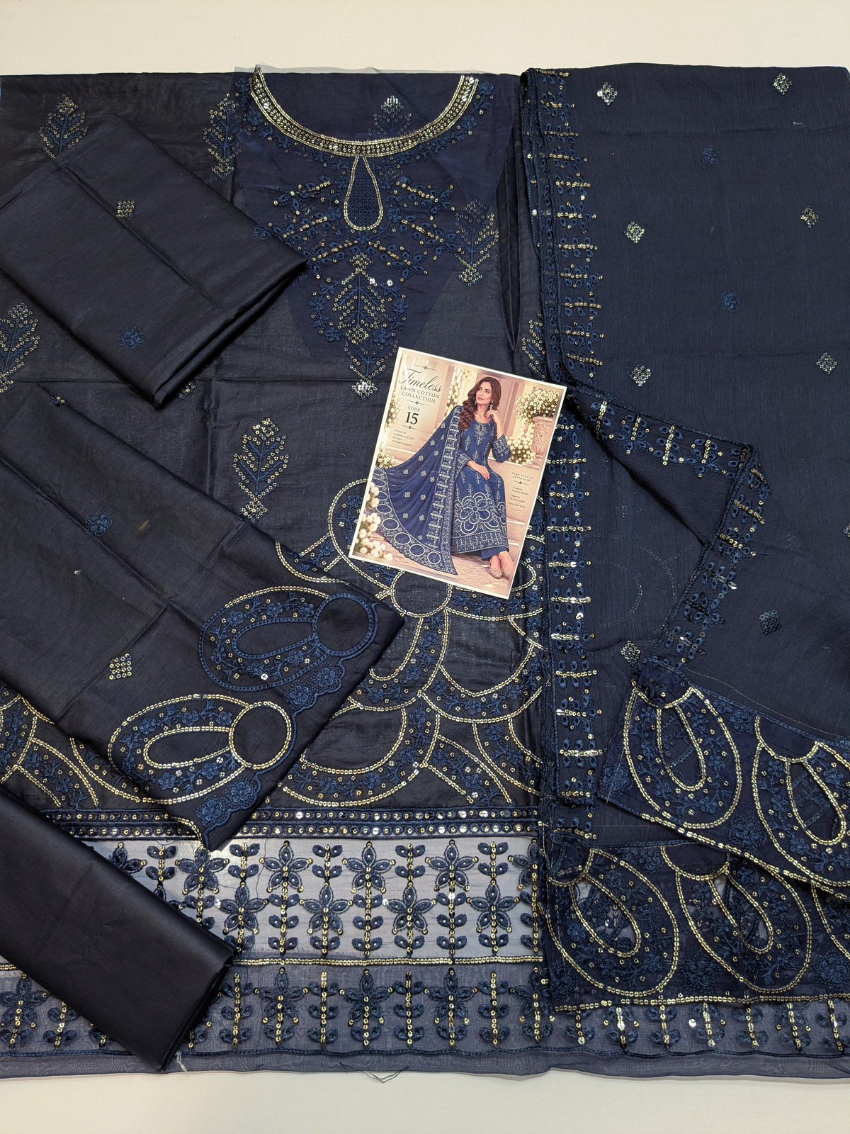TIMELESS 15 INK BLUE LAWN COTTON WITH CHIFFON DUPPATA