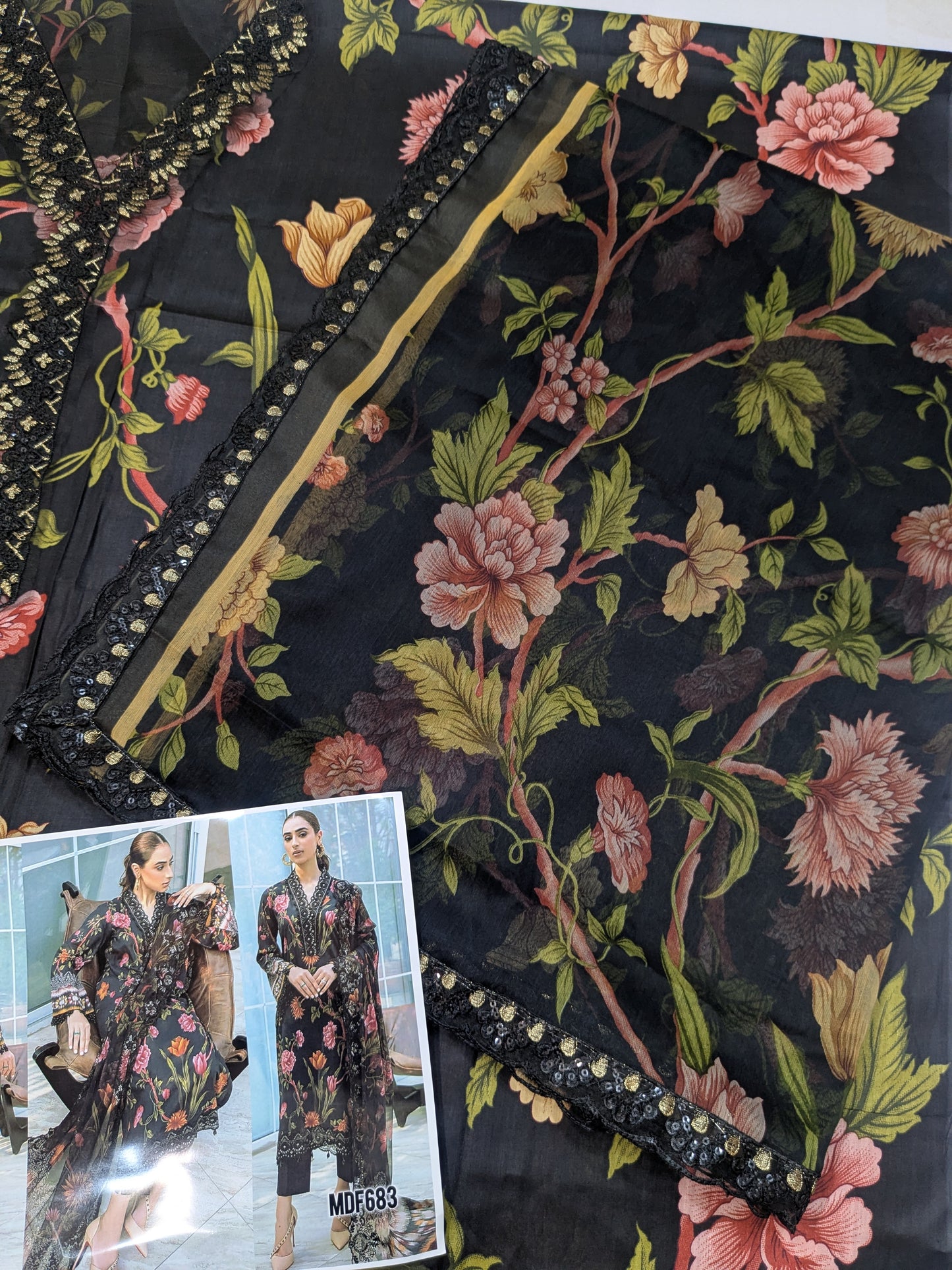 NUREH GARDENIA BLACK LAWN PRINTED EMBROIDERED