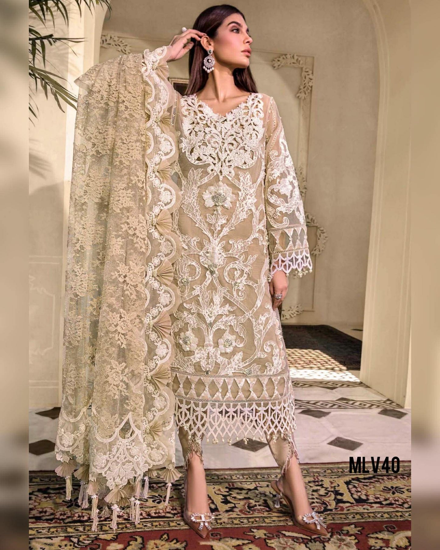MARIA B SKIN BEIGE LUXURIOUS EMBROIDERED ORGANZA