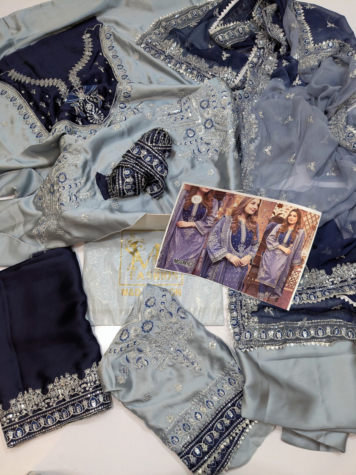 ANEELA GREY BLUE SILK EMBROIDERED