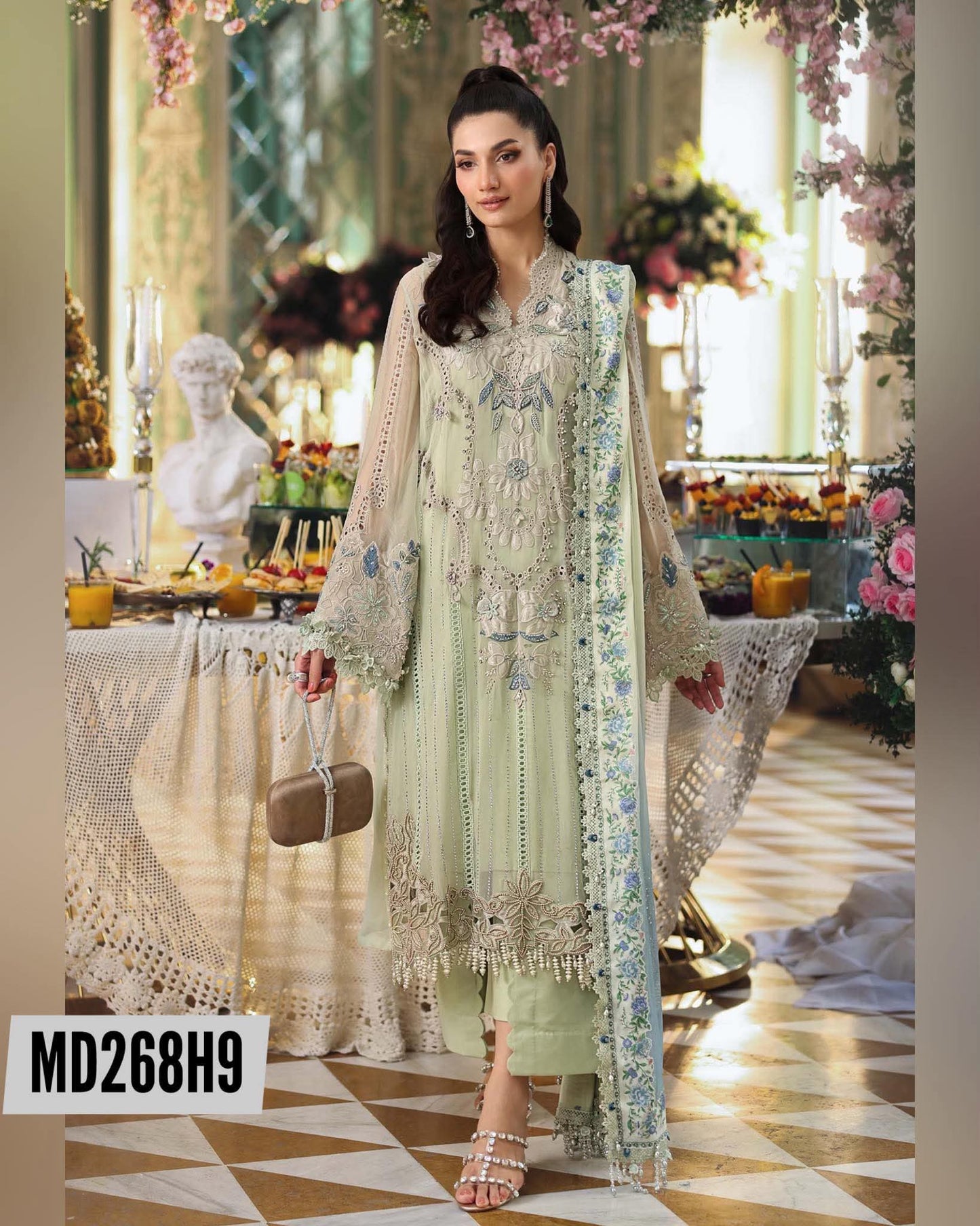 MARIA B INSPIRED DUSTY PISTACHIO CHIFFON TEA AFFAIR