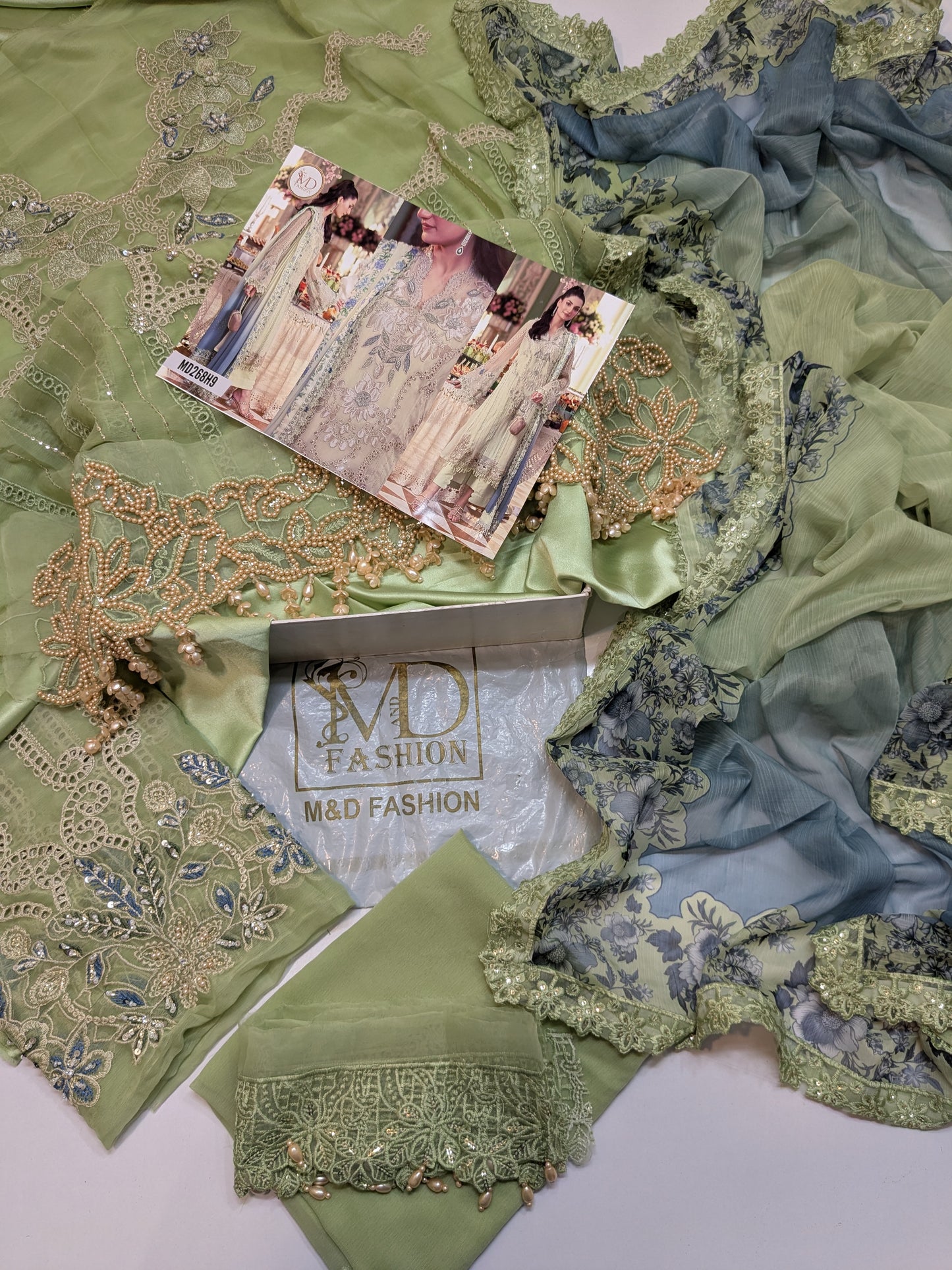 MARIA B INSPIRED DUSTY PISTACHIO CHIFFON TEA AFFAIR
