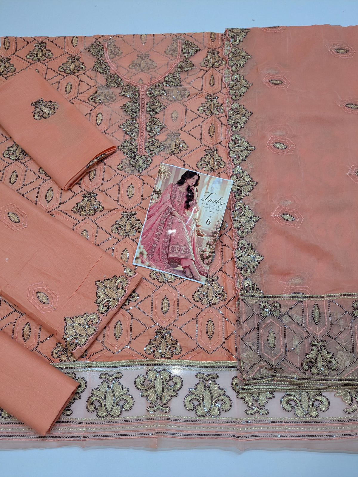 MAHIRA 06 CORAL PEACH LAWN COTTON DRESS WITH CHIFFON DUPPATA