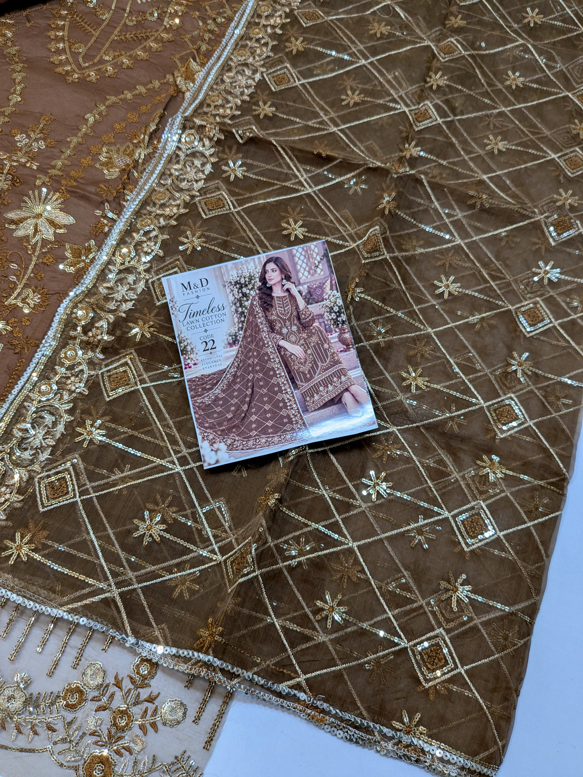 TIMELESS 21 BROWN LAWN COTTON WITH ORGANZA DUPPATA