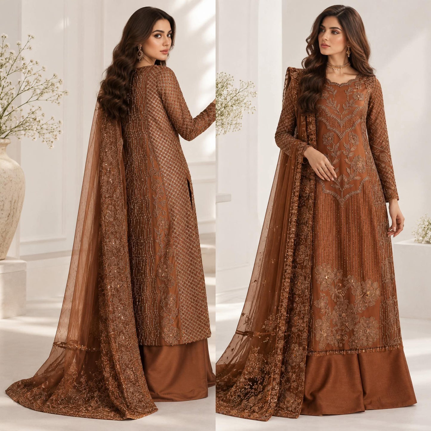 CAIA INSPIRED COPPER BROWN PREMIUM EMBROIDERED DRESS