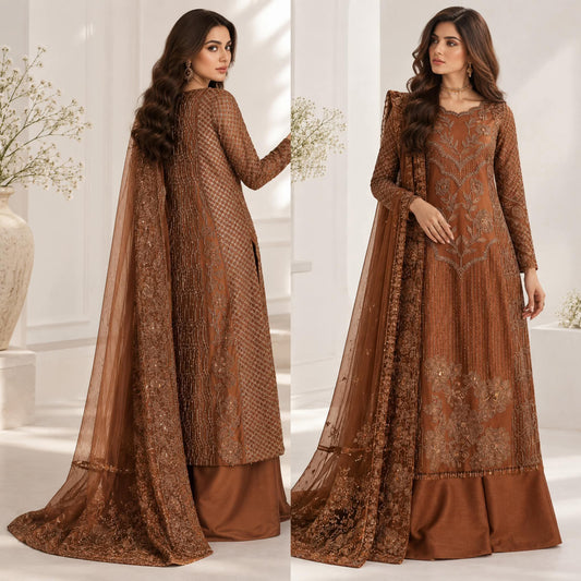 CAIA INSPIRED COPPER BROWN PREMIUM EMBROIDERED DRESS