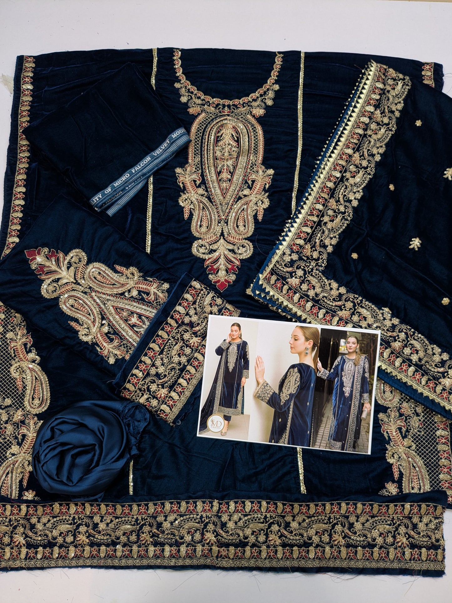 ANEELAS BLUE VELVET DRESS WITH VELVET SHAWL