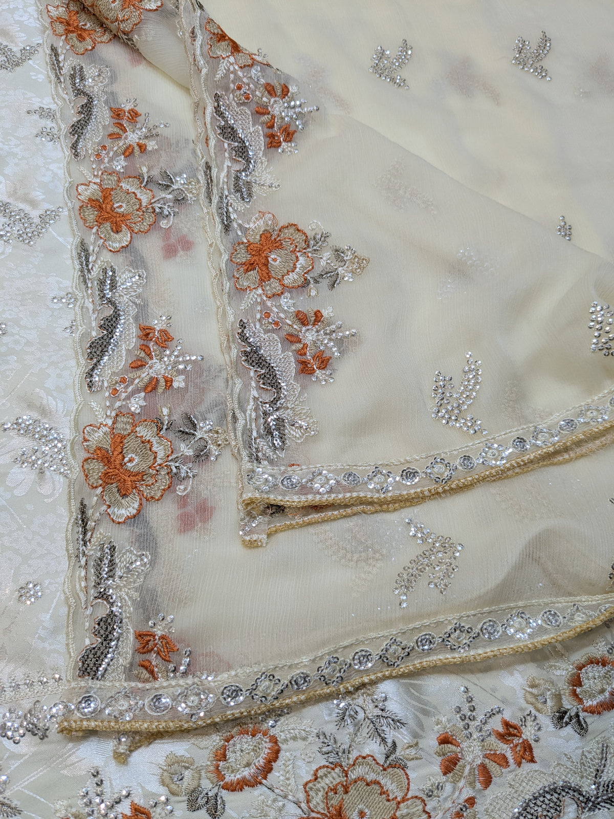 ZARQÉ Ivory Damask Silk Suit with Pure Chiffon Dupatta