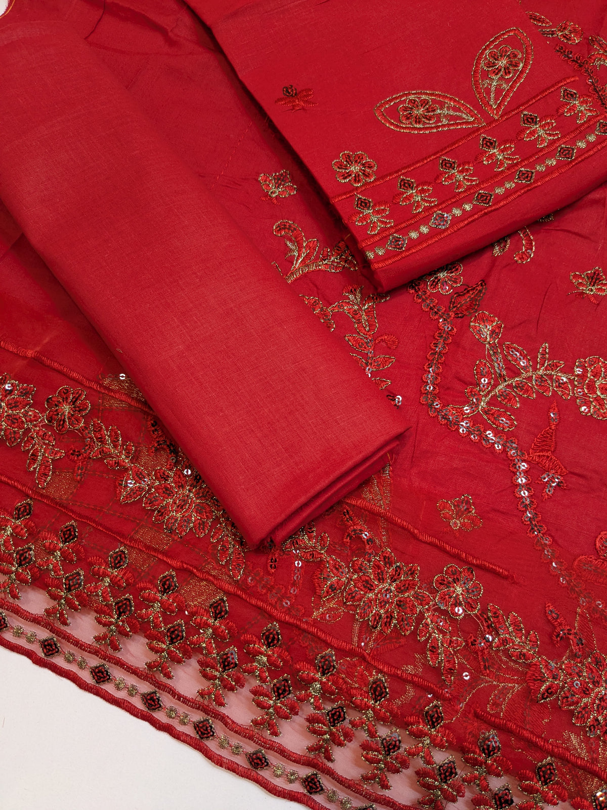MAHIRA 01 RED LAWN COTTON DRESS WITH CHIFFON DUPPATA