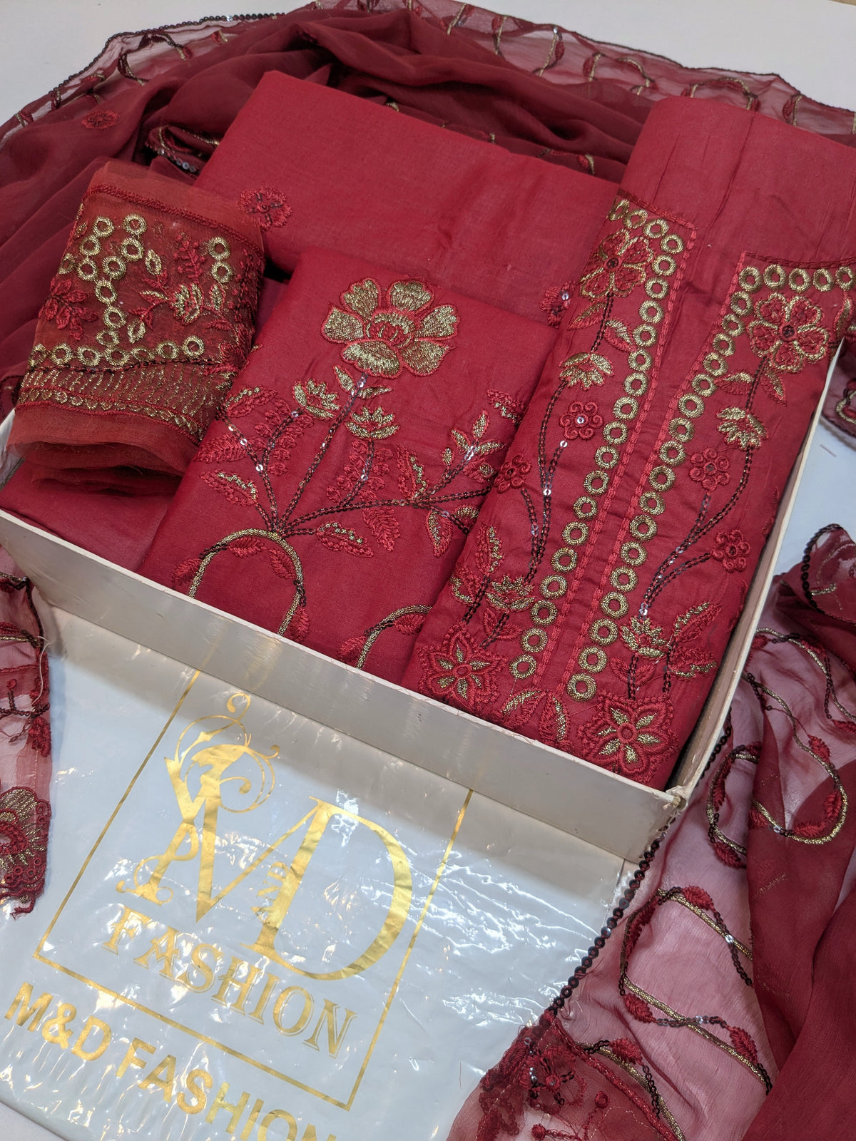 MAHIRA 07 REDDISH PINK LAWN COTTON DRESS WITH CHIFFON DUPPATA