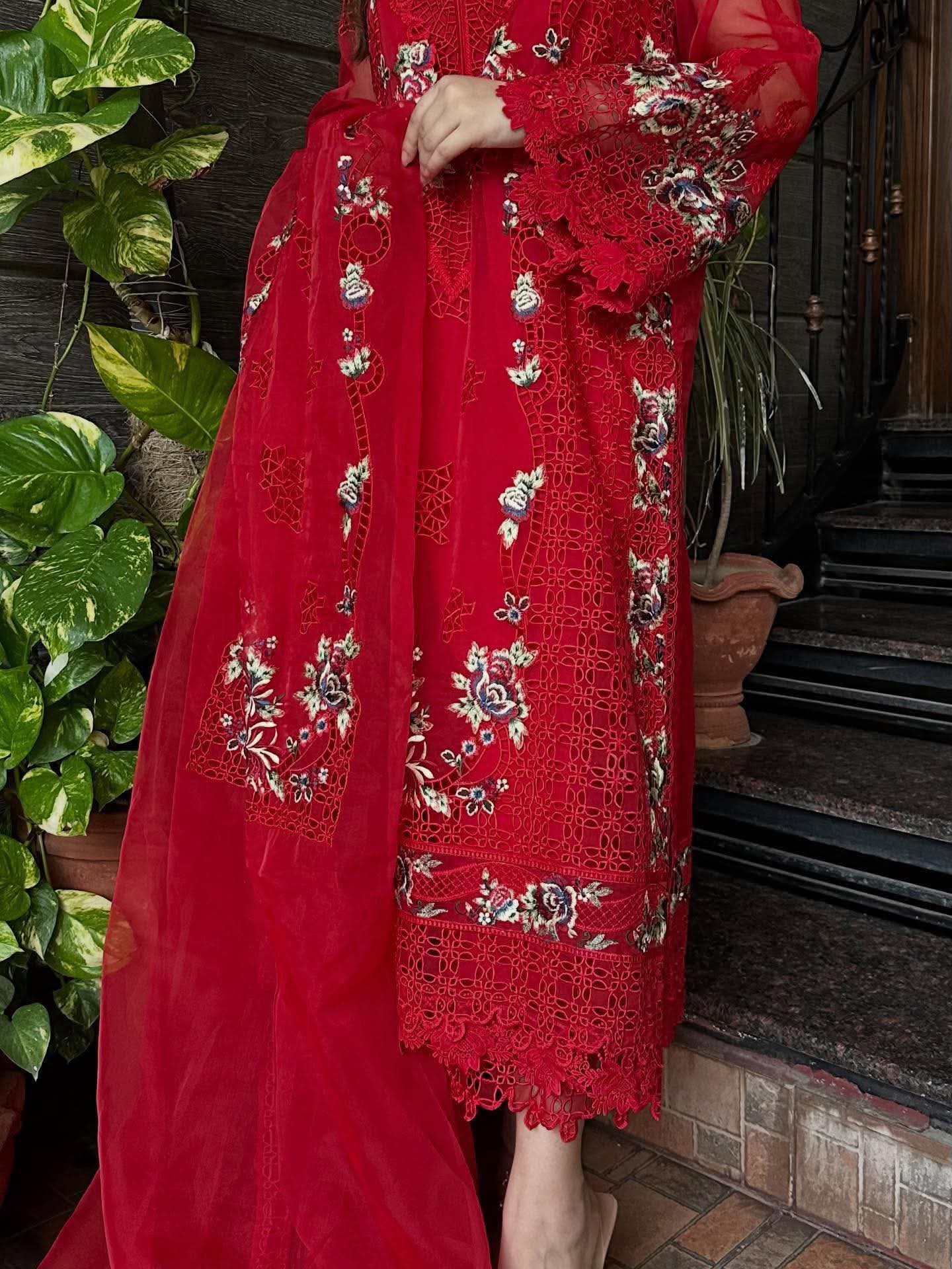 ANEELA RED CHIKENKARI EMBROIDERED