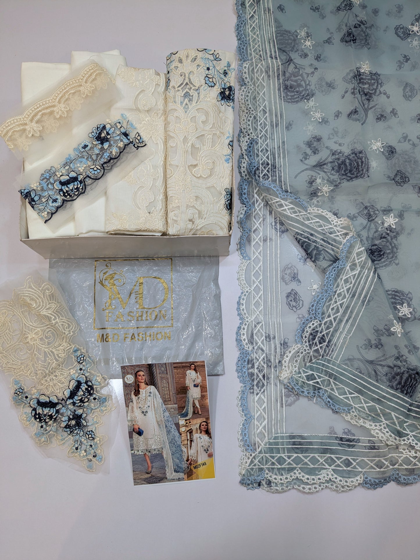 MARIA B LUXURIOUS LAWN WHITE AND BLUE