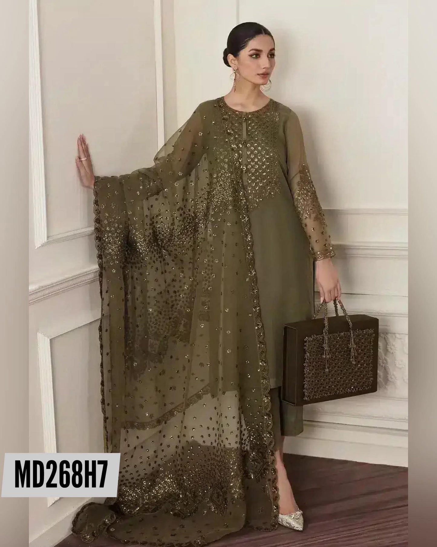 BAROQUE INSPIRED MEHANDI CHIFFON EMBROIDERED