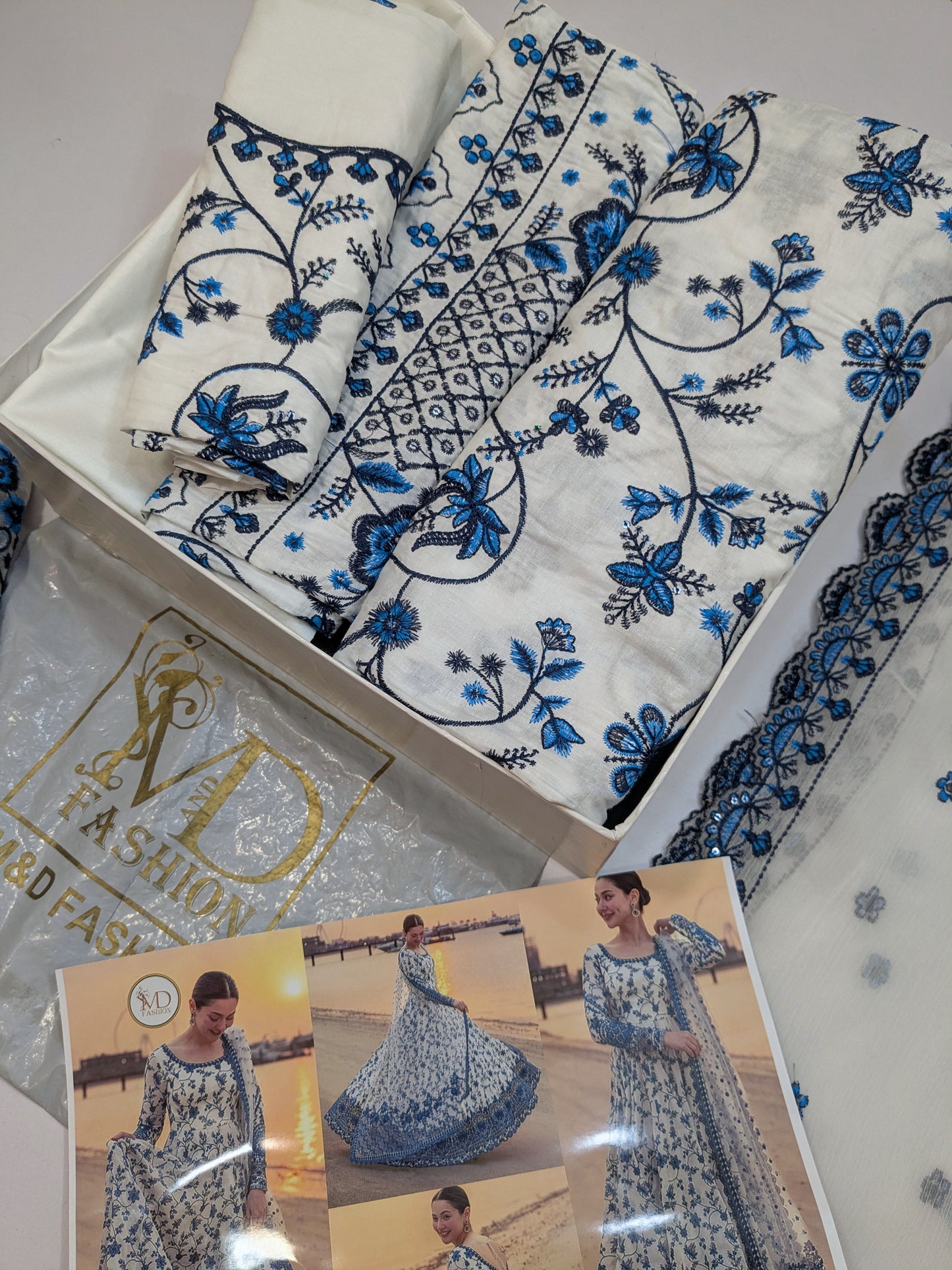 FAIZA SAQLAIN JEHONA KALIDAR BLUE WHITE HEAVY EMBROIDERED