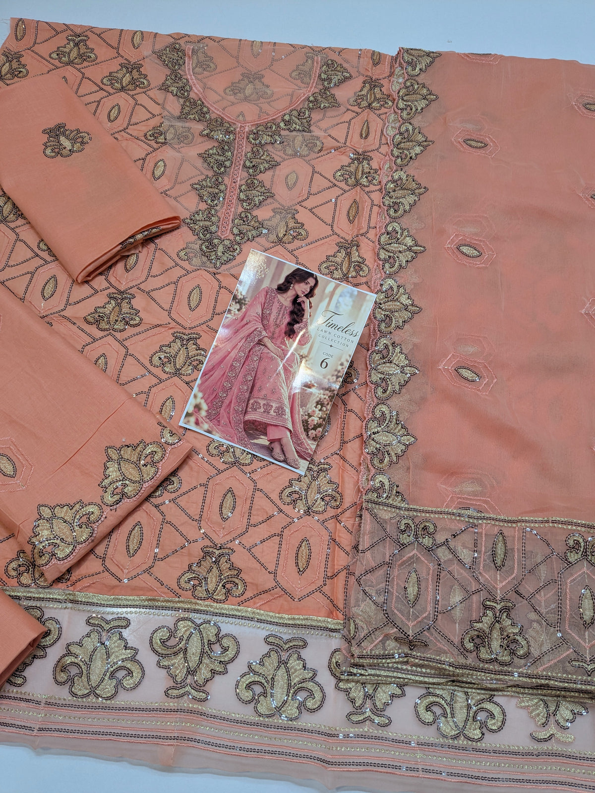MAHIRA 06 CORAL PEACH LAWN COTTON DRESS WITH CHIFFON DUPPATA