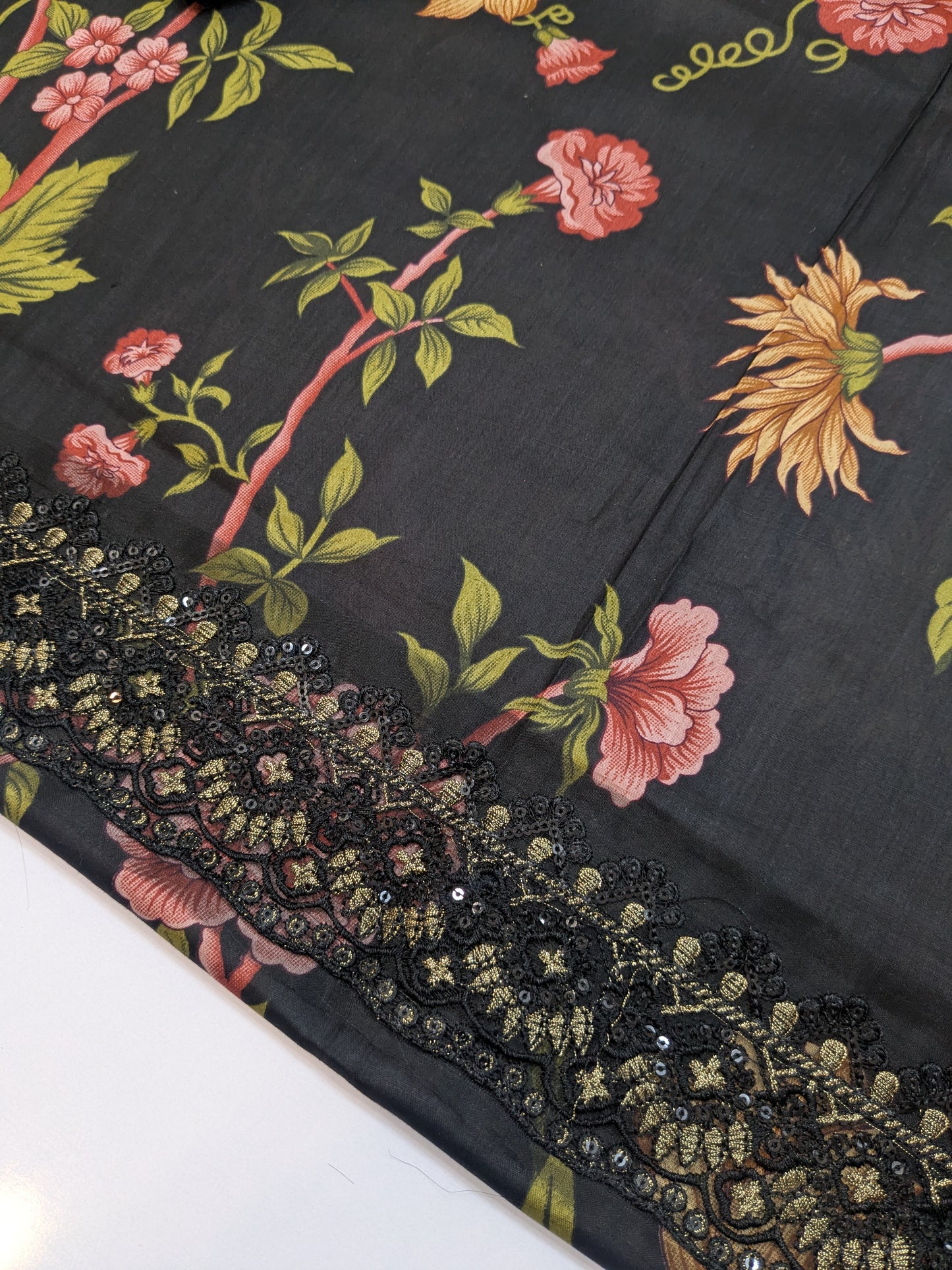 NUREH GARDENIA BLACK LAWN PRINTED EMBROIDERED