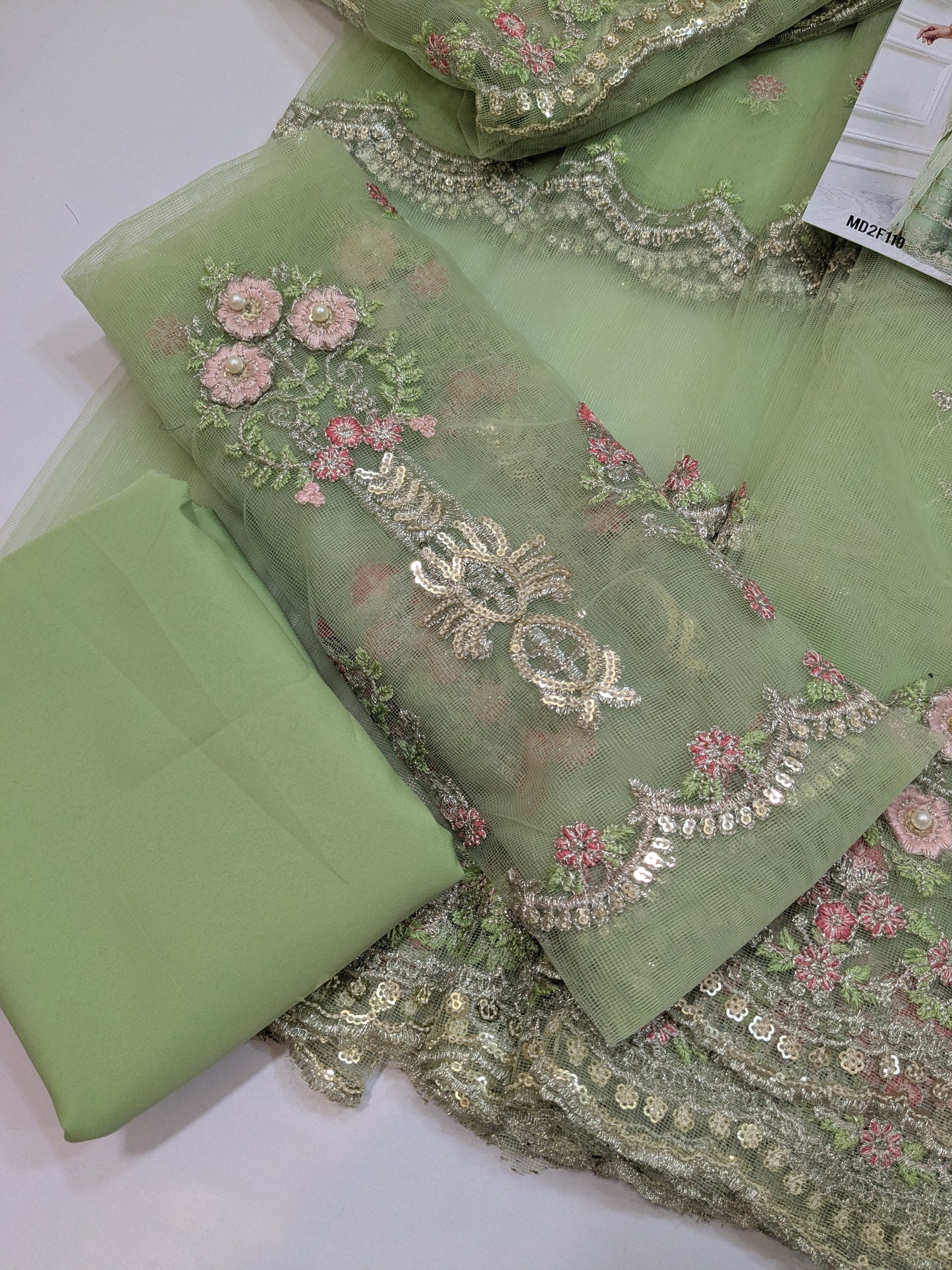 MARIA B PISTACHIO NET EMBROIDERED SAREE