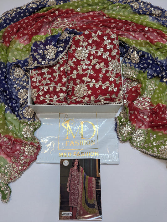 HANDMADE GOTA WORK REDISH MAROON CHIFFON