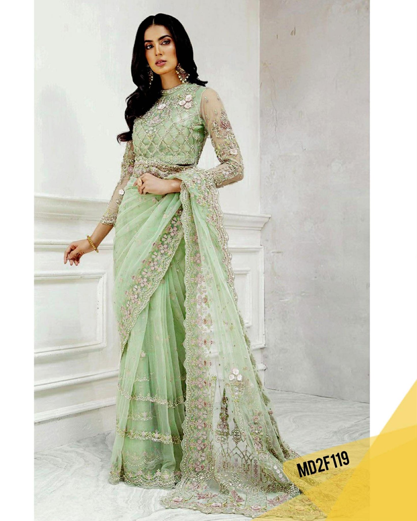 MARIA B PISTACHIO NET EMBROIDERED SAREE