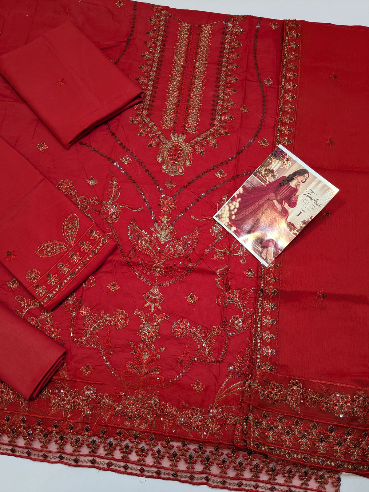 MAHIRA 01 RED LAWN COTTON DRESS WITH CHIFFON DUPPATA