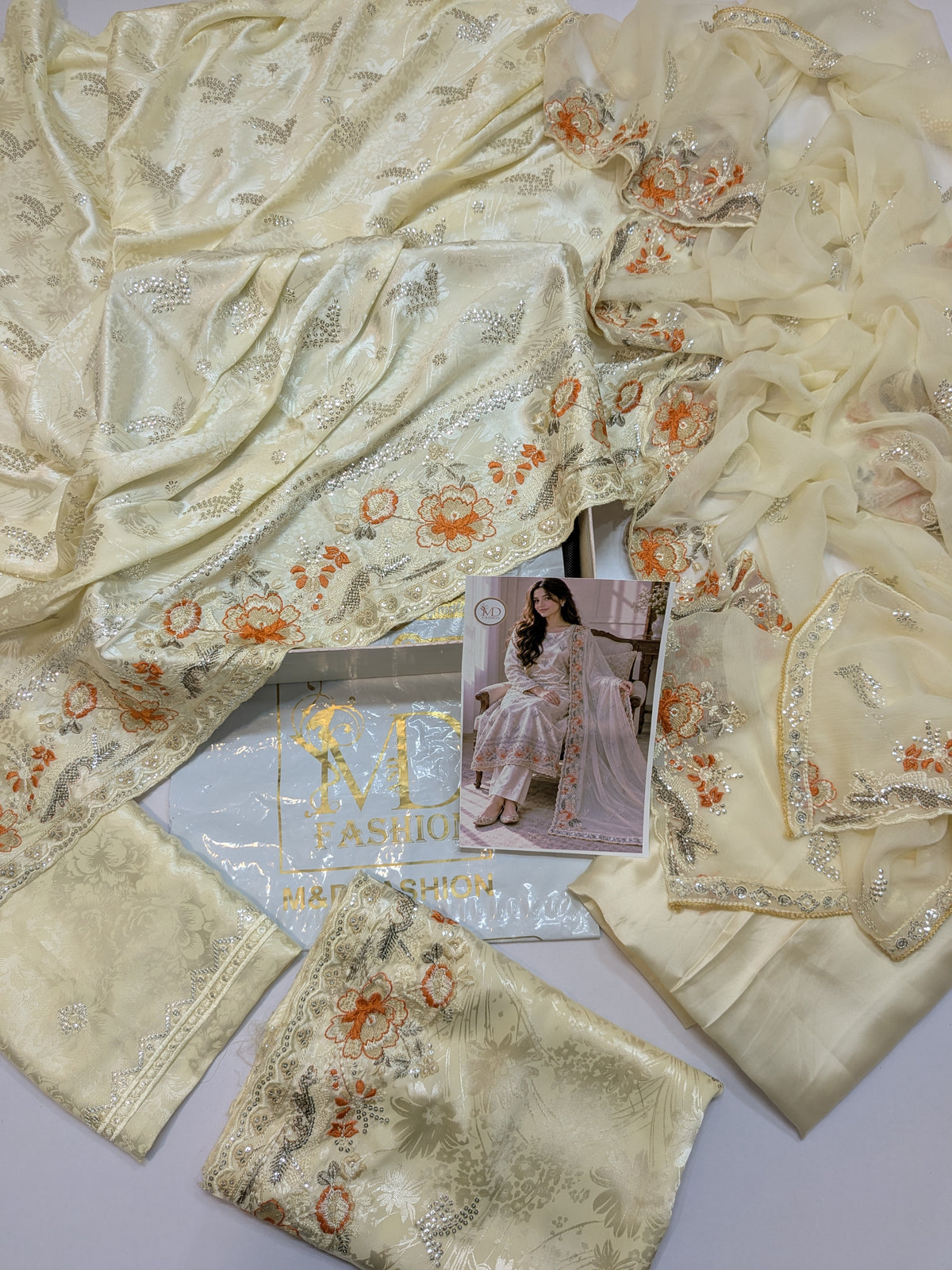 ZARQÉ Ivory Damask Silk Suit with Pure Chiffon Dupatta
