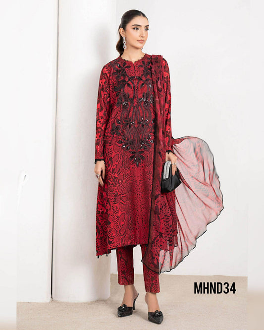 MARIA B LAWN RED BLACK SNACK PRINT EMBROIDERED