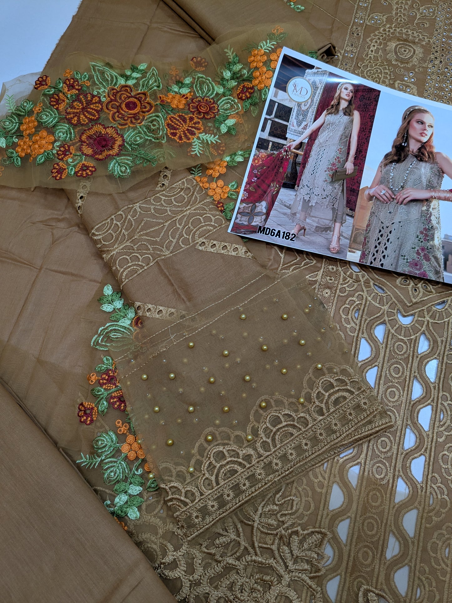 MARIA B BROWN CHIKENKARI EMBROIDERED LAWN