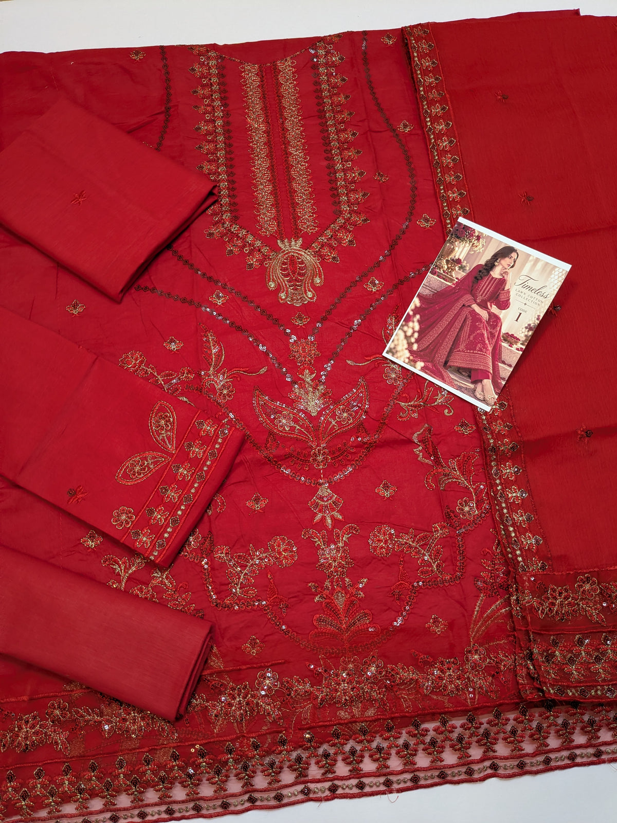 MAHIRA 01 RED LAWN COTTON DRESS WITH CHIFFON DUPPATA