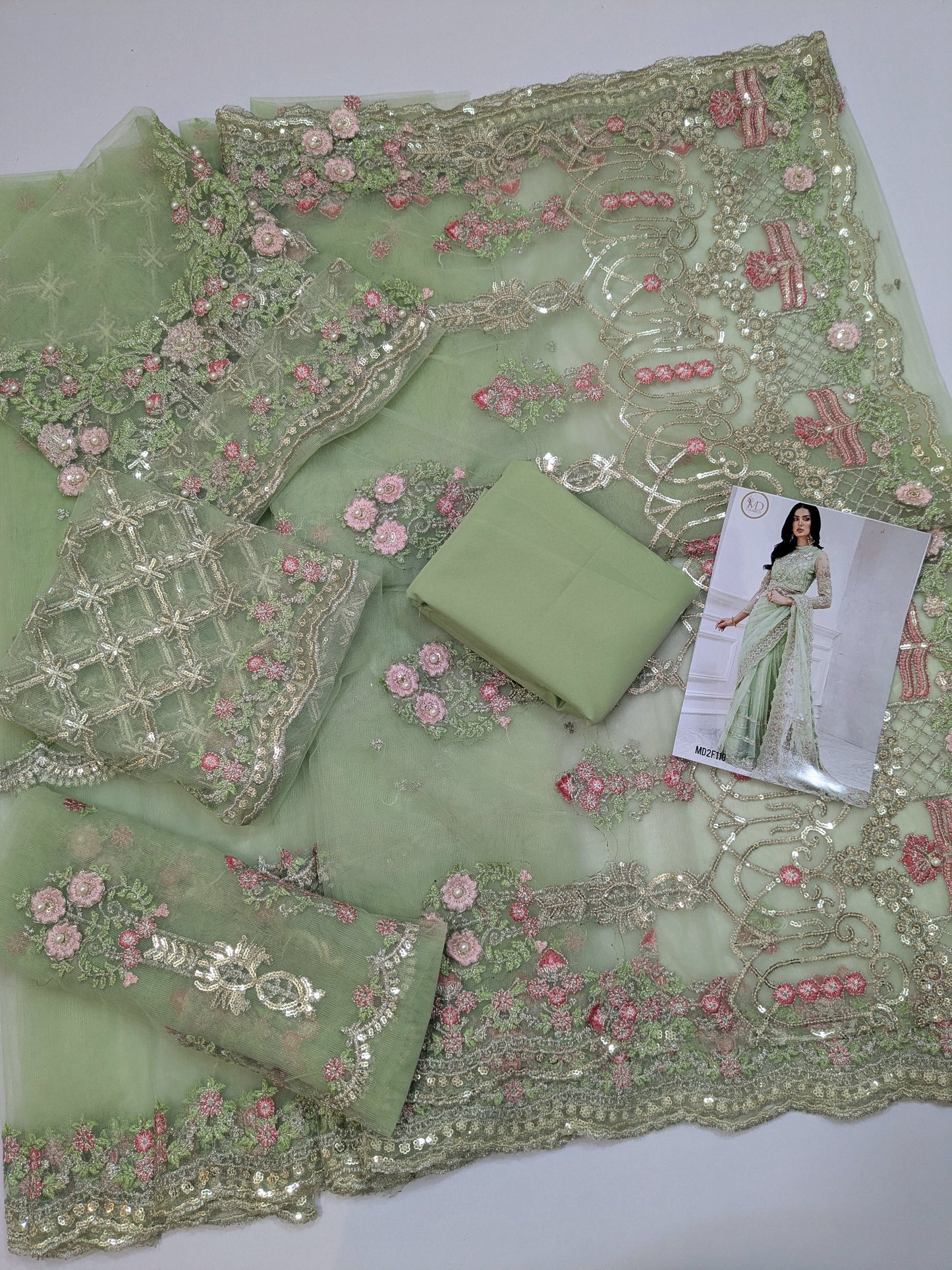 MARIA B PISTACHIO NET EMBROIDERED SAREE