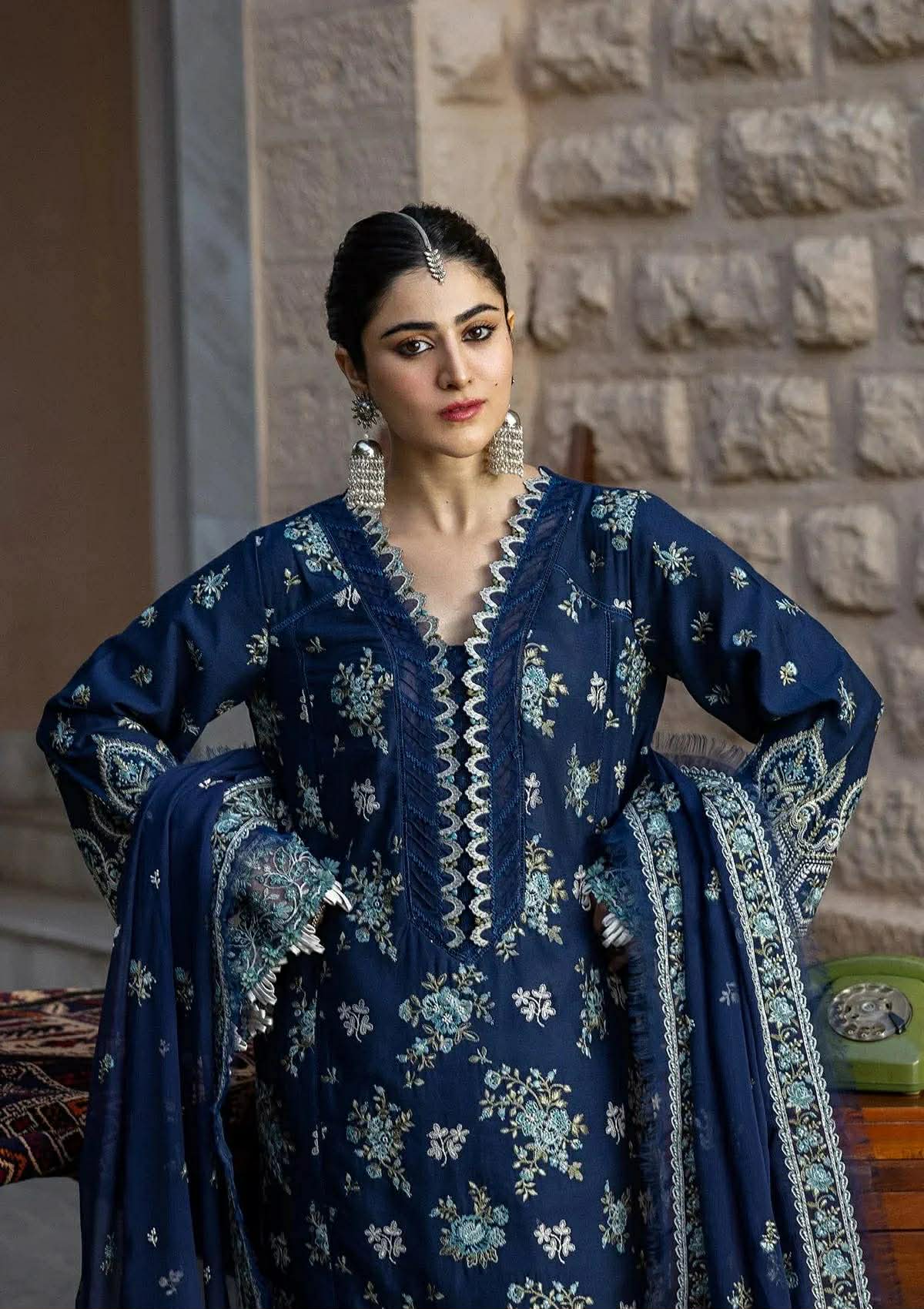 KAHF AZURE BLUE KHADDAR EMBROIDERED DRESS