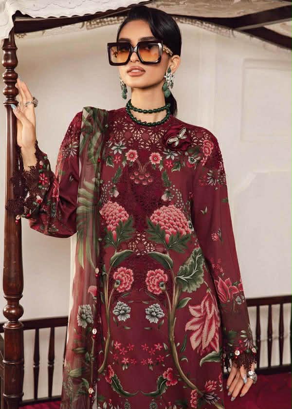 MARIA B MAROON 27A LAWN DRESS WITH READY CHIFFON DUPPATA