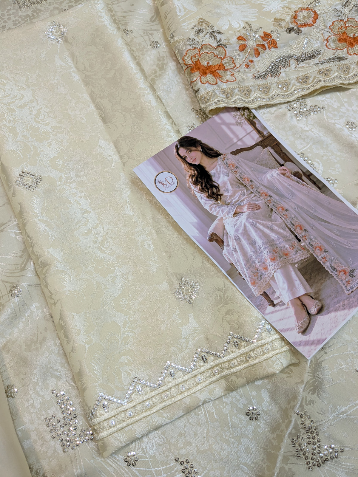 ZARQÉ Ivory Damask Silk Suit with Pure Chiffon Dupatta