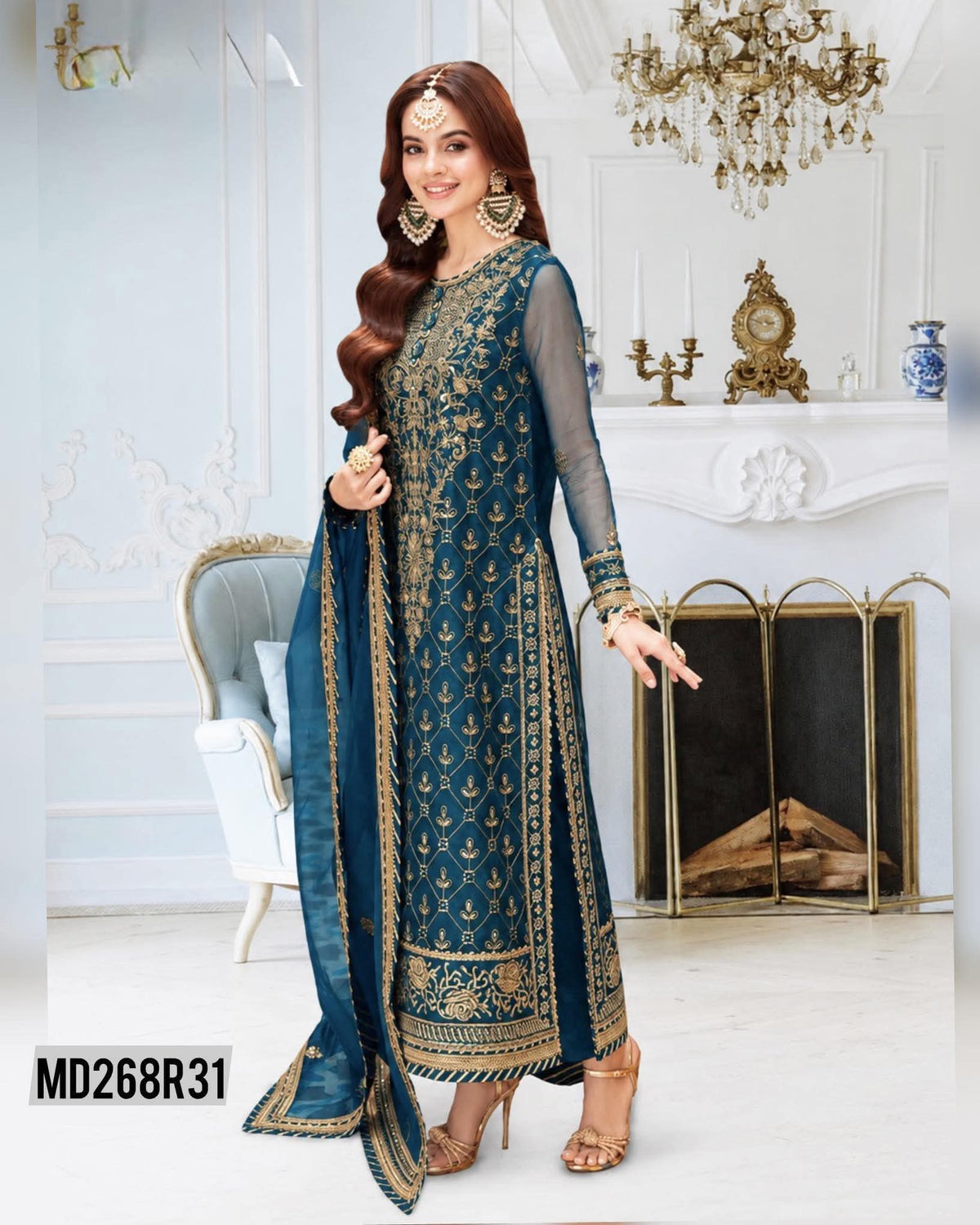 ASIM JOFA INSPIRED PEACOCK BLUE CHIFFON EMBROIDERED