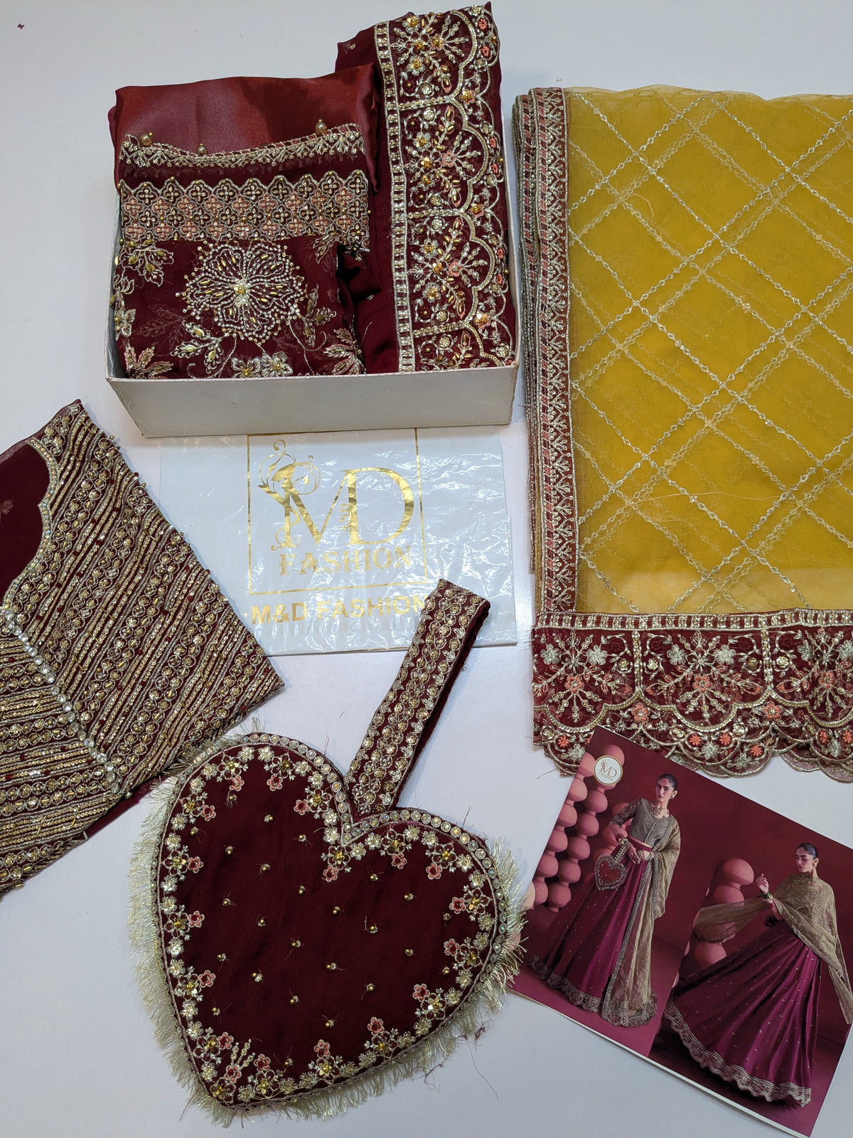 MARIA B INSPIRED LUXURIOUS MAROON FORMAL WEAR WITH HEART CLUTCH