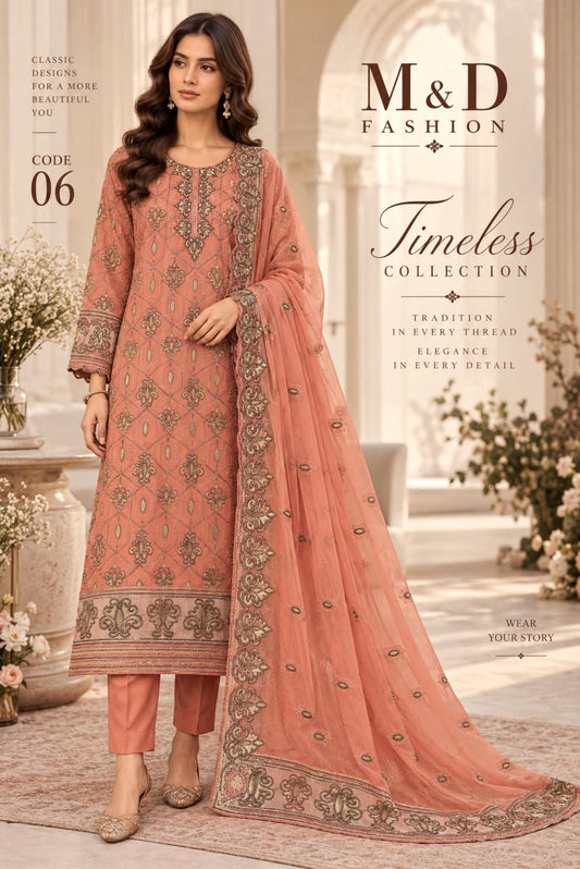 MAHIRA 06 CORAL PEACH LAWN COTTON DRESS WITH CHIFFON DUPPATA