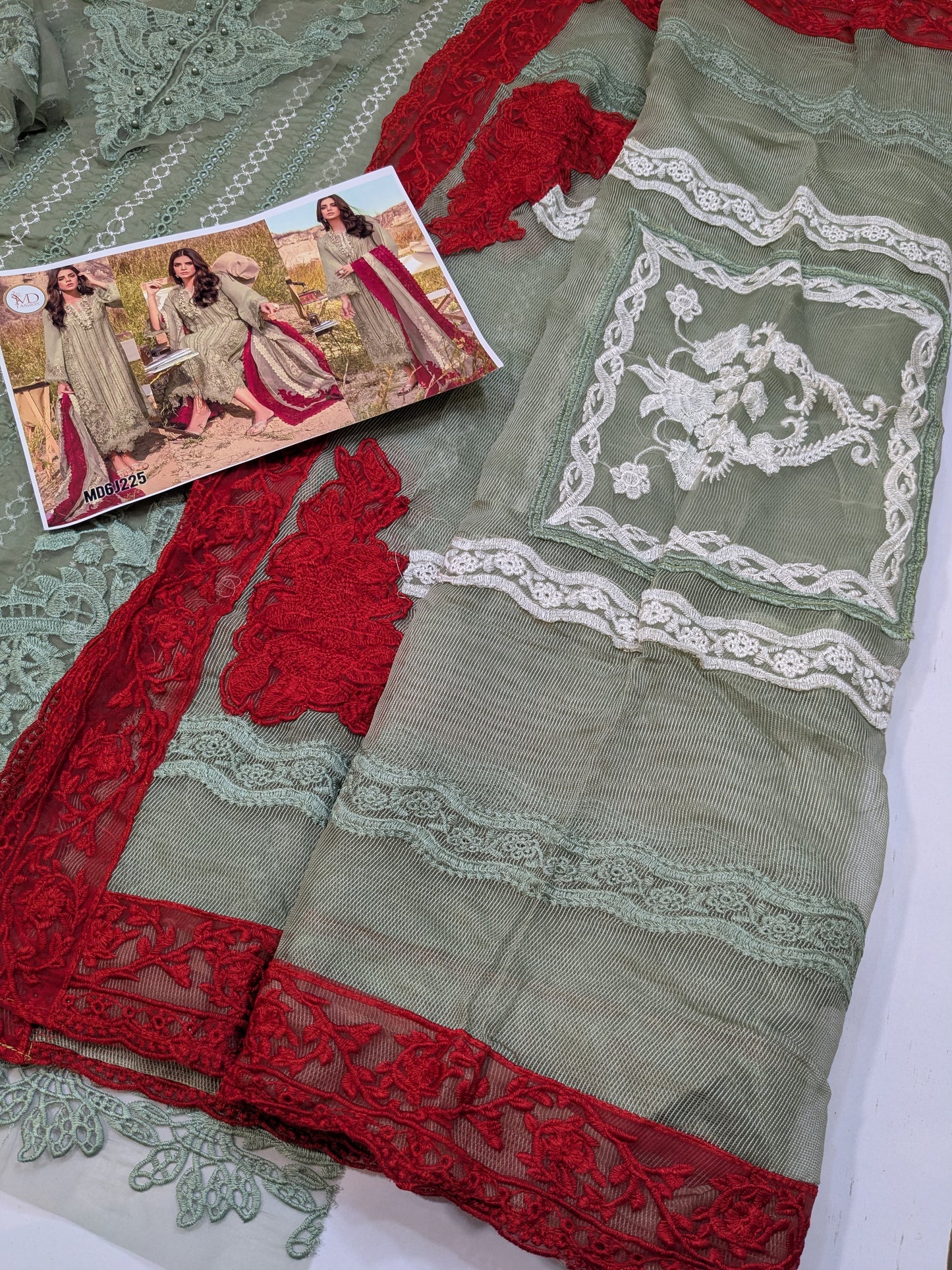 Crimson Opel Chikenkari embroidered Mehndi green