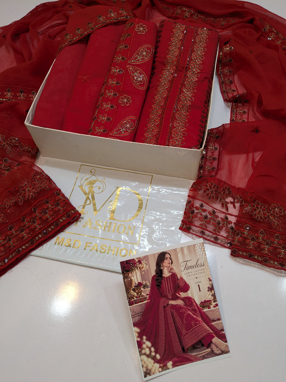 MAHIRA 01 RED LAWN COTTON DRESS WITH CHIFFON DUPPATA