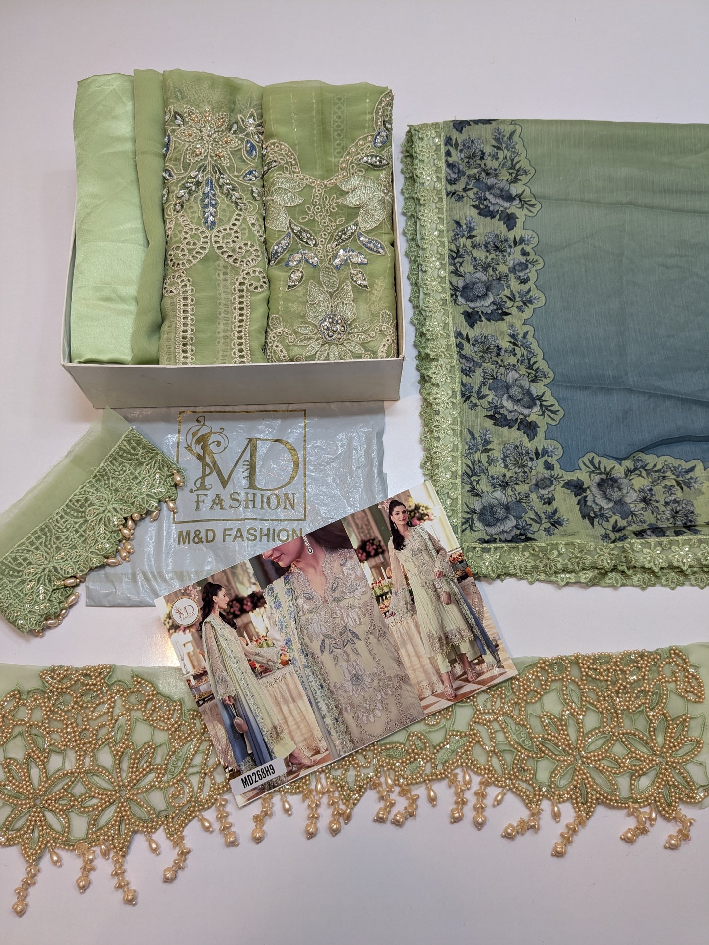 MARIA B INSPIRED DUSTY PISTACHIO CHIFFON TEA AFFAIR