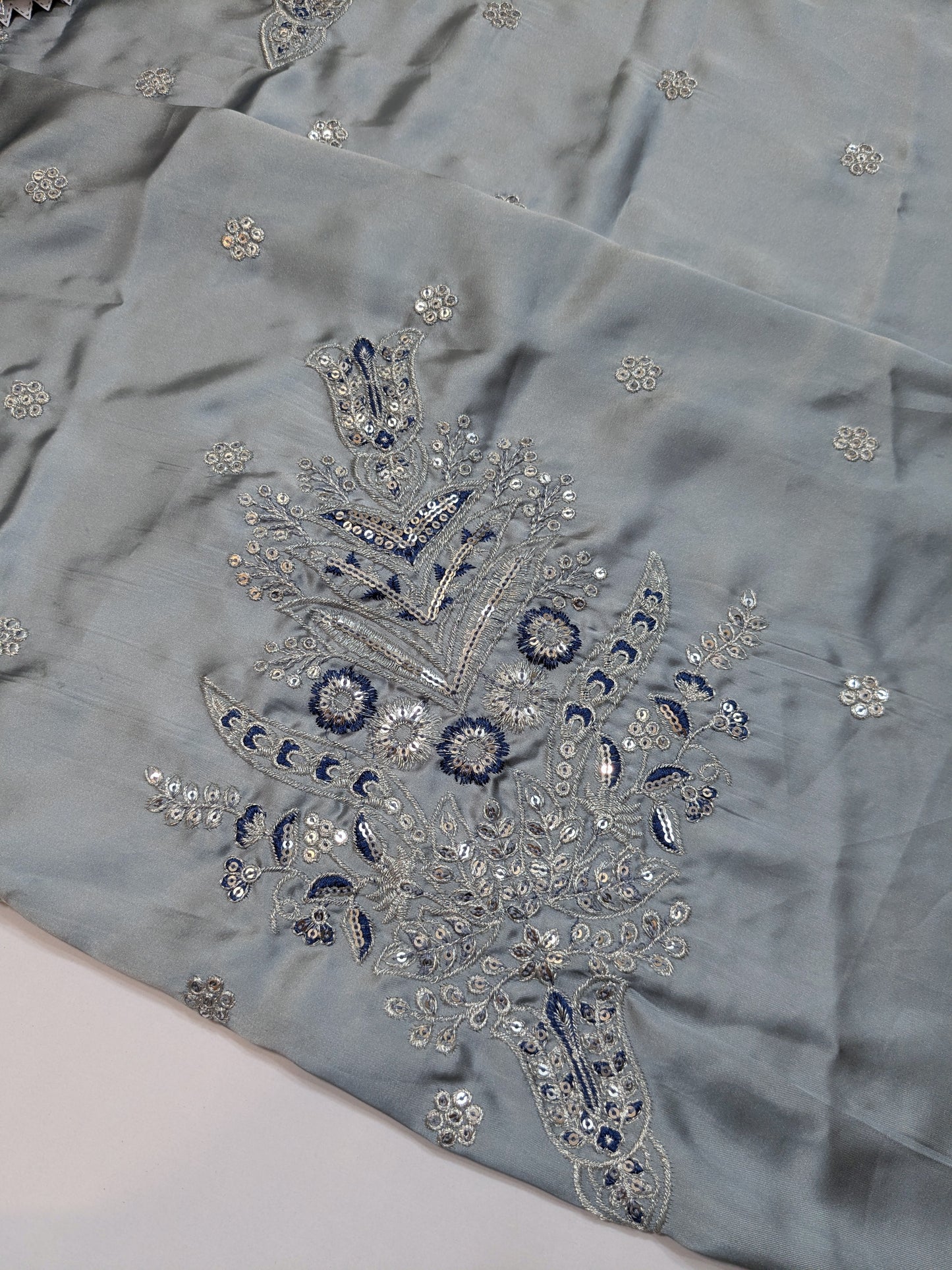 ANEELA GREY BLUE SILK EMBROIDERED